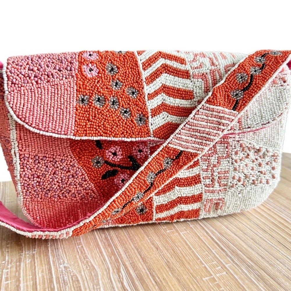 NEW America & Beyond Tigerlily Beaded Patchwork Shoulder Bag Coral Pink - Picture 2 of 9